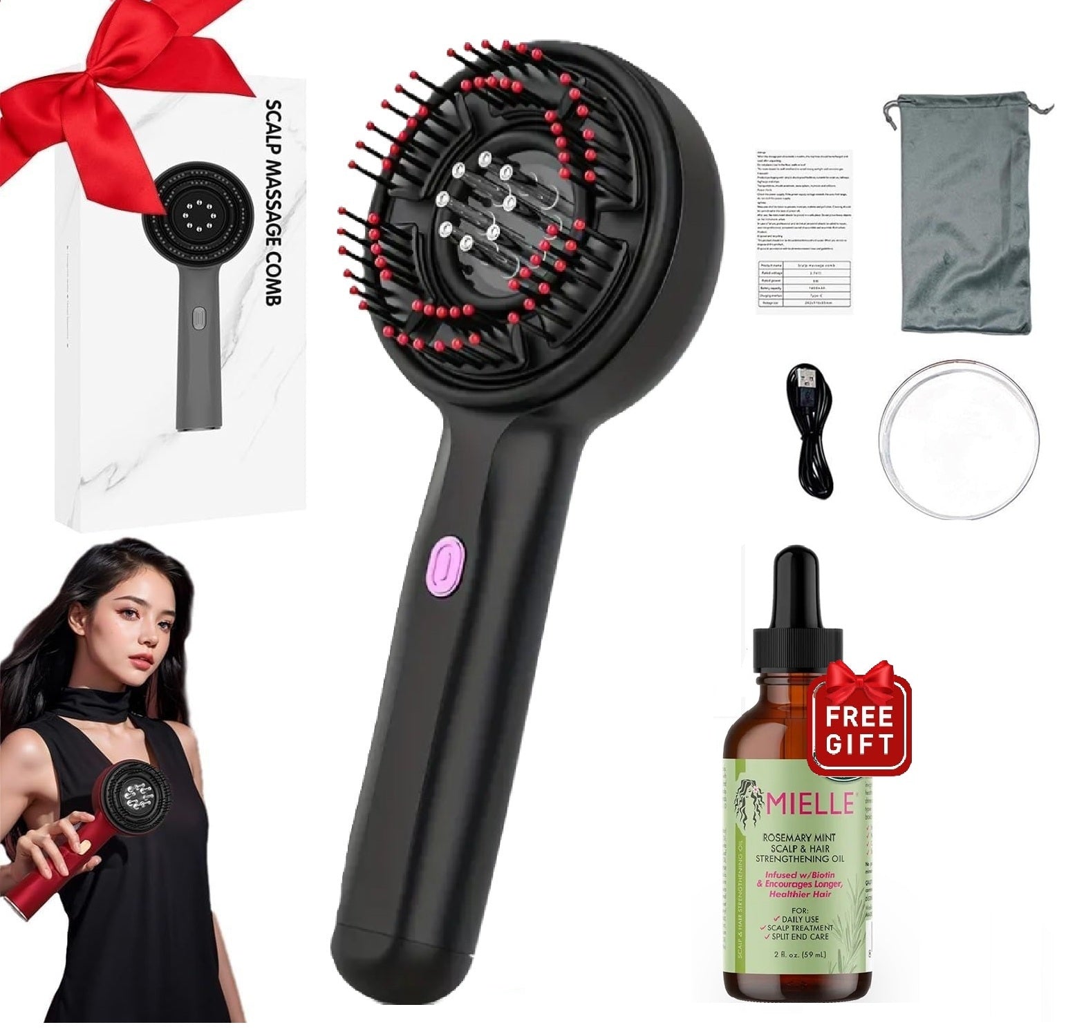 Portable Scalp Massage Comb with Oil Applicator (Black/Purple) - Cordless Electric Massager for Scalp & Hair, IPX7 Waterproof, Portable Deep Massager For Hair Growth & Head Relaxation